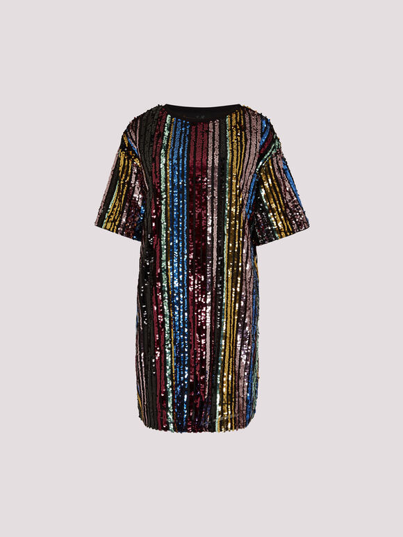 Rainbow Sequin Stripe T-Shirt Dress, Black, large