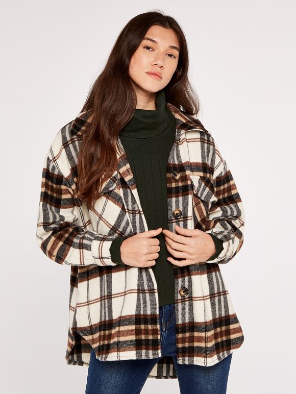 Plaid Wool Shacket, Cream, large