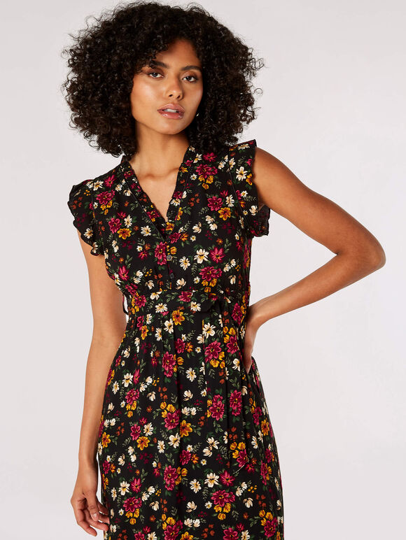 Painterly Floral Midi Dress, Black, large