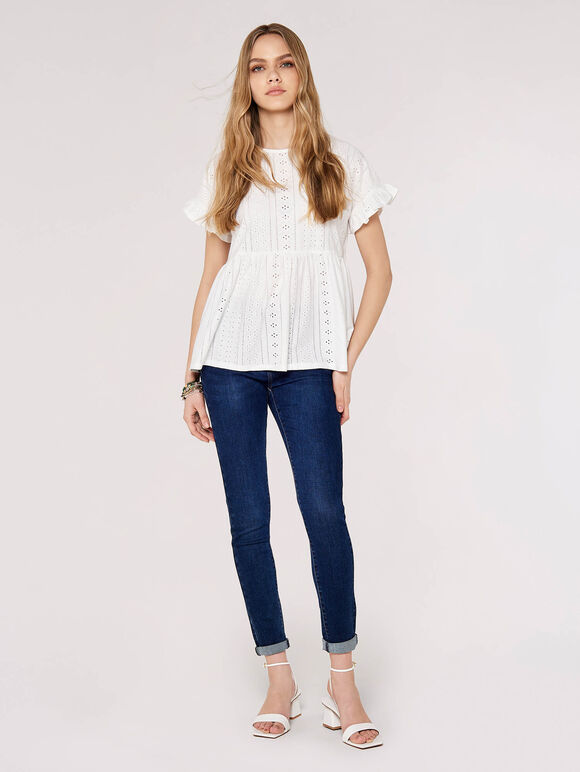 Peplum Hem Pointelle Top, Cream, large