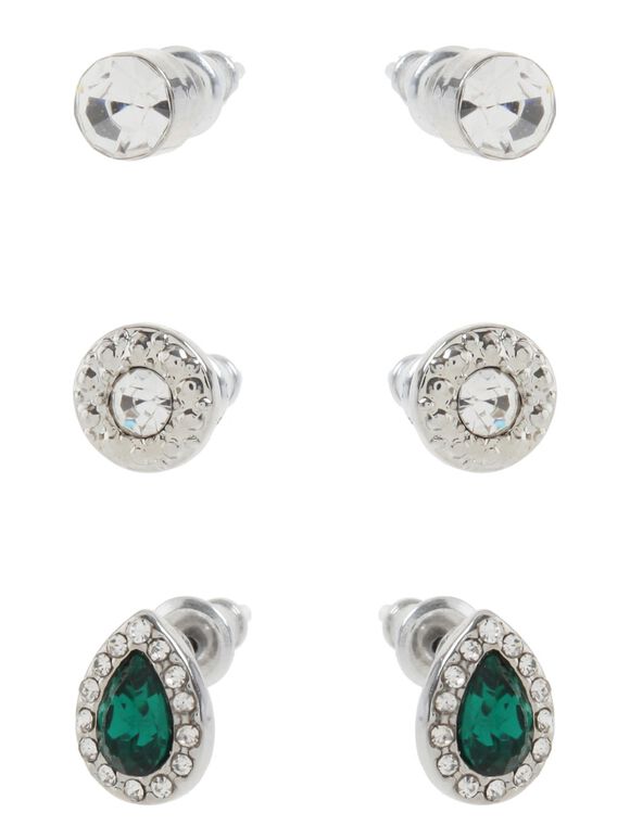Three Pack Emerald Studs Earrings, Green, large