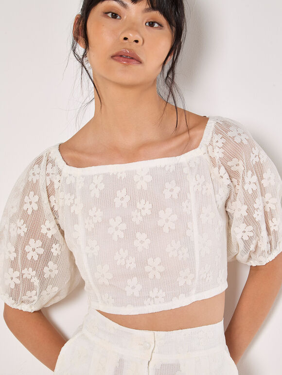 Daisy Mesh Cropped Top, Cream, large