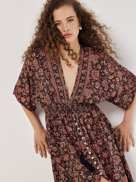 Foil Floral Paisley Satin Maxi Dress, Black, large