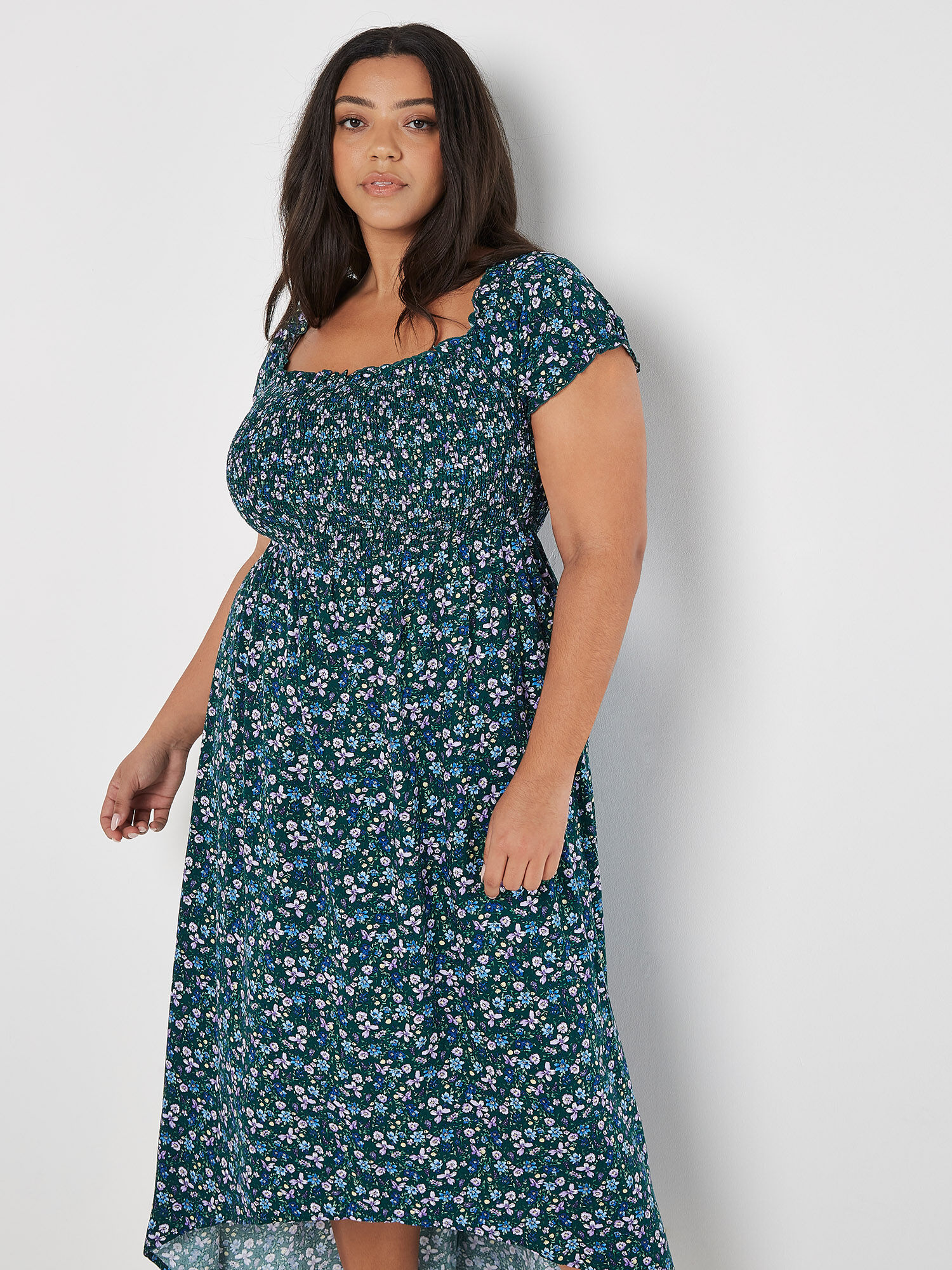 Curve Ditsy Floral Bardot Midi Dress Apricot Clothing