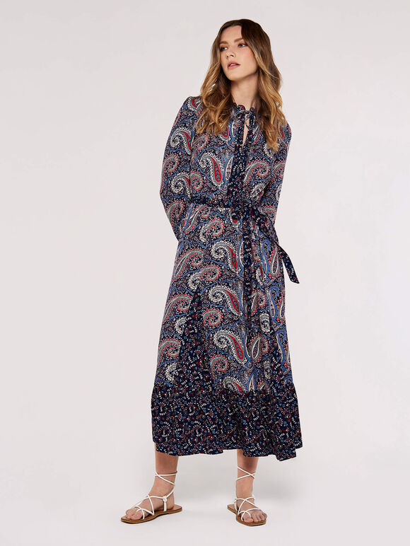 Paisley Mix-Match Midi Dress, Navy, large