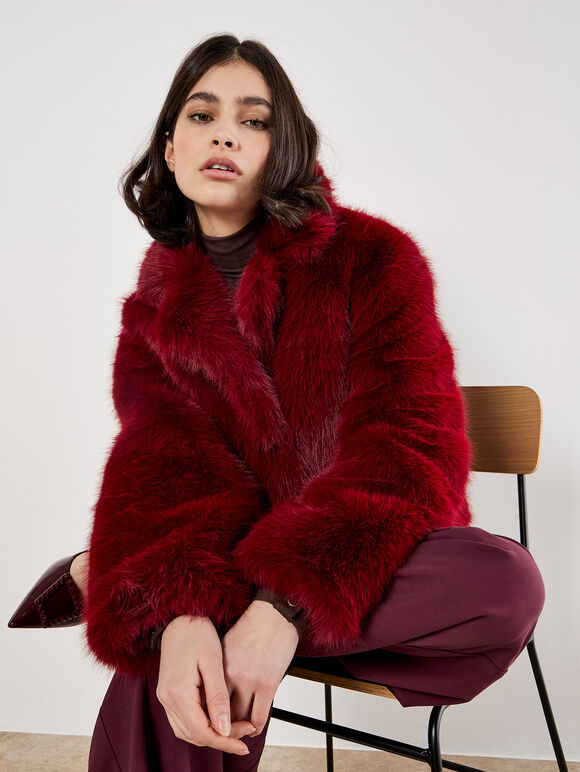Faux Fur Short Coat, Burgundy, large