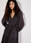 Polka Dot Chiffon Wrap Midi Dress, Black, large
