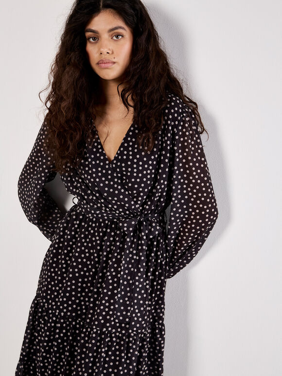 Polka Dot Chiffon Wrap Midi Dress, Black, large