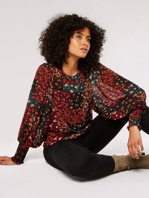 Patchwork Ditsy Floral Top, Black, large
