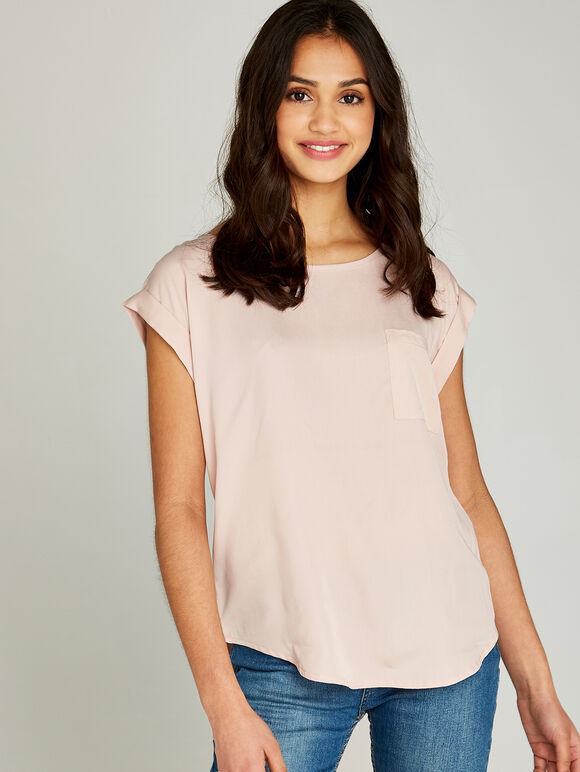 Turn Up Sleeve Tee, Pink, large