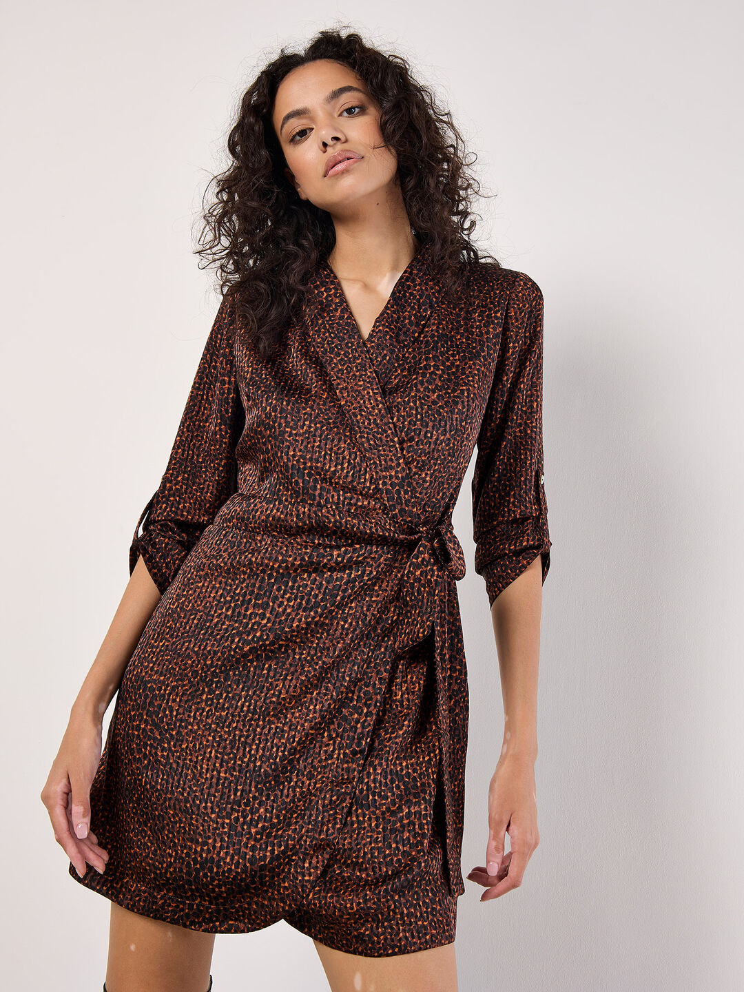 Image of Animal Print Satin Wrap Mini Dress