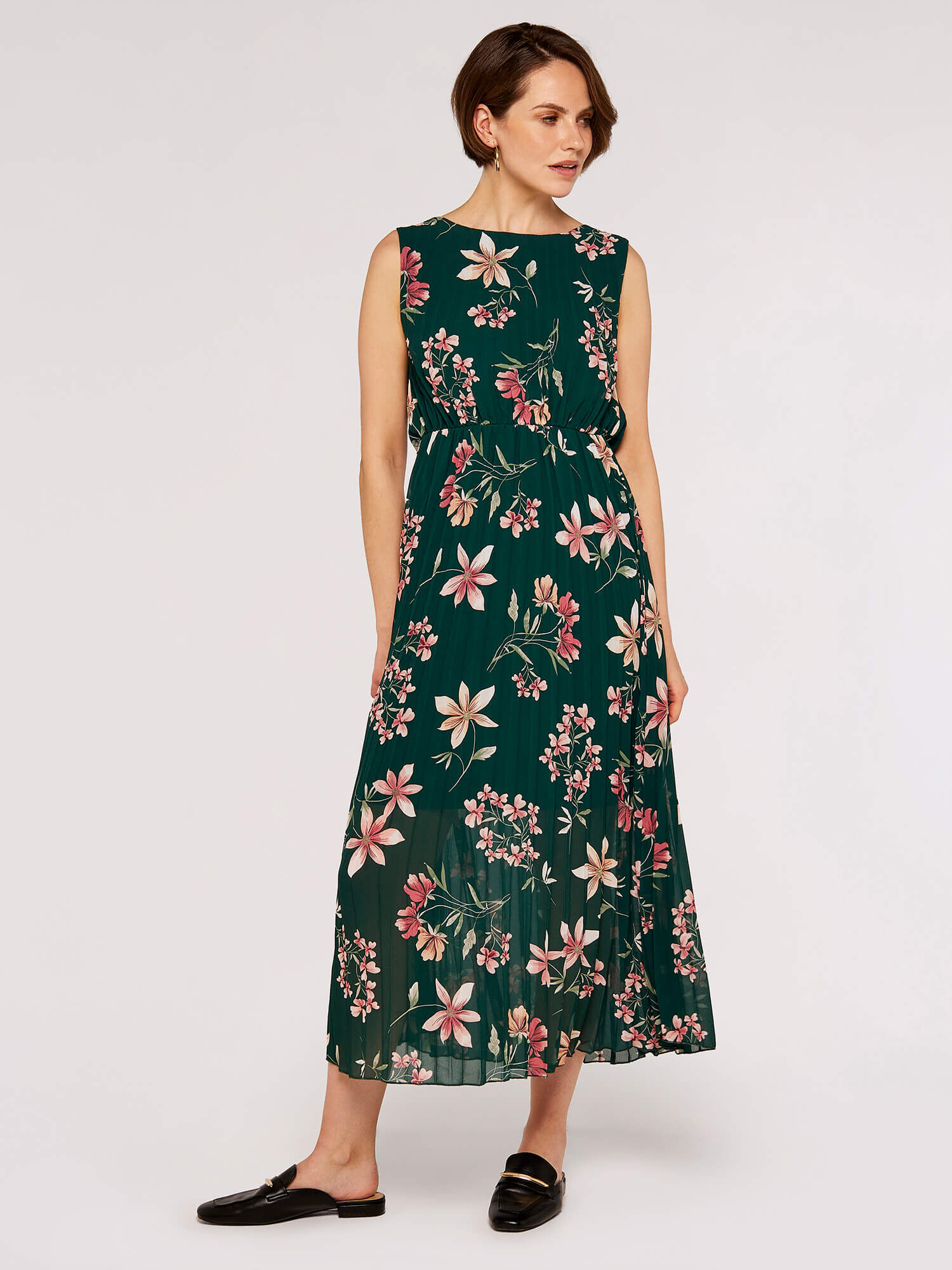 Botanical Pleated Midi Dress Apricot Clothing