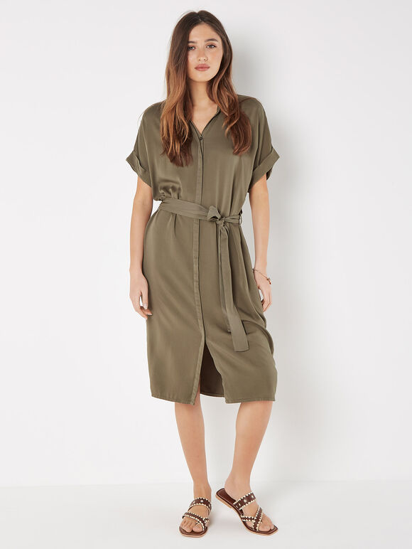 Batwing Sleeve Shirt Midi Dress, Khaki, large