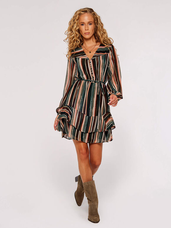 Striped Ruffle Mini Dress, Khaki, large