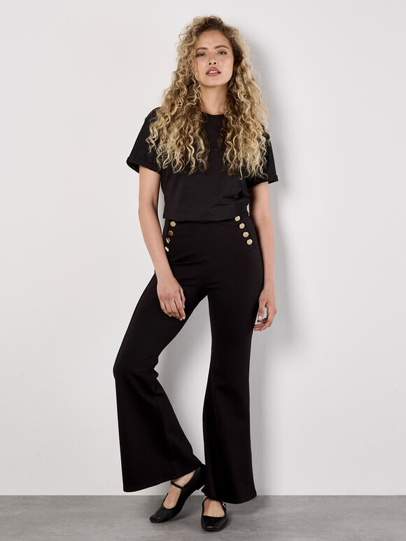 Button Detail Stretch Flare Trousers, Black, large