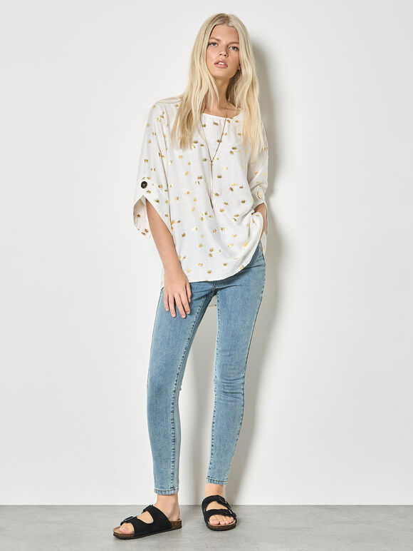 Gold Foil Fan Print Oversized Top, White, large