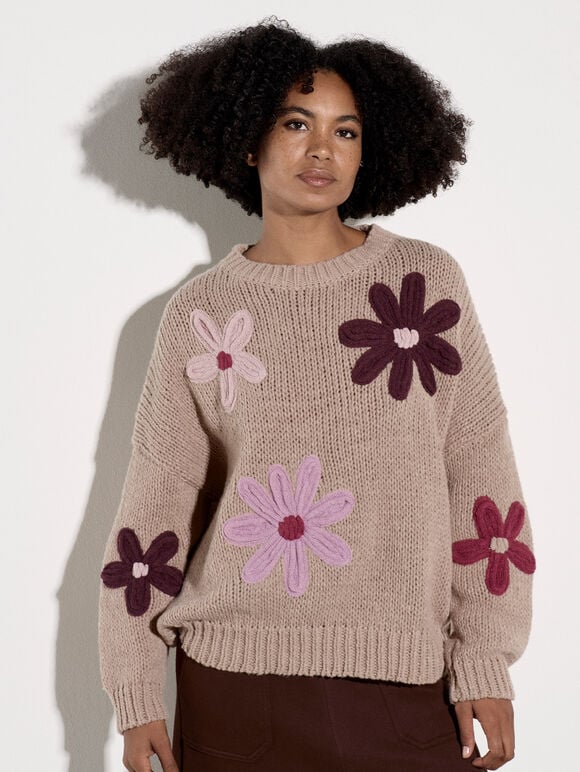 Embroidered Flower Jumper, Mocha, large