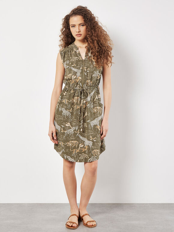 Tropical Animal Print Zip Mini Dress, Khaki, large