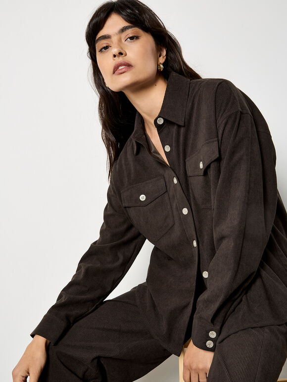 Oversized Cord Shirt, Brown, large