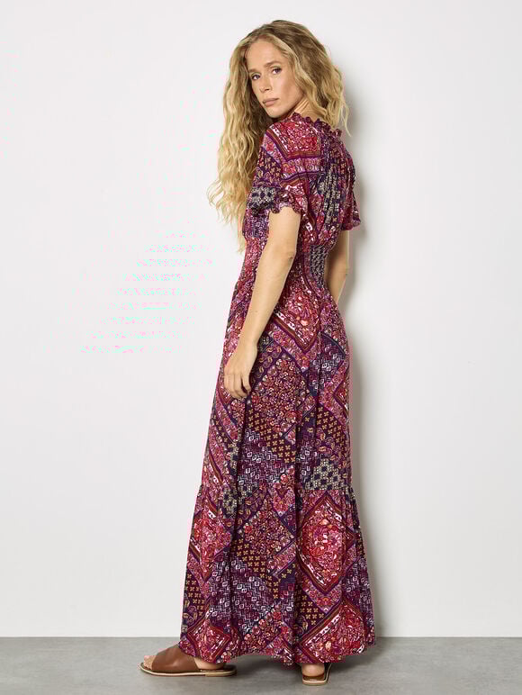 Boho Folk Print Maxi Dress, Purple, large