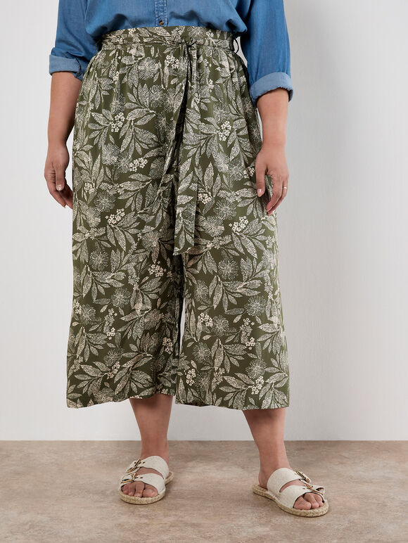 Batik Leaf Culotte Trousers, Khaki, large