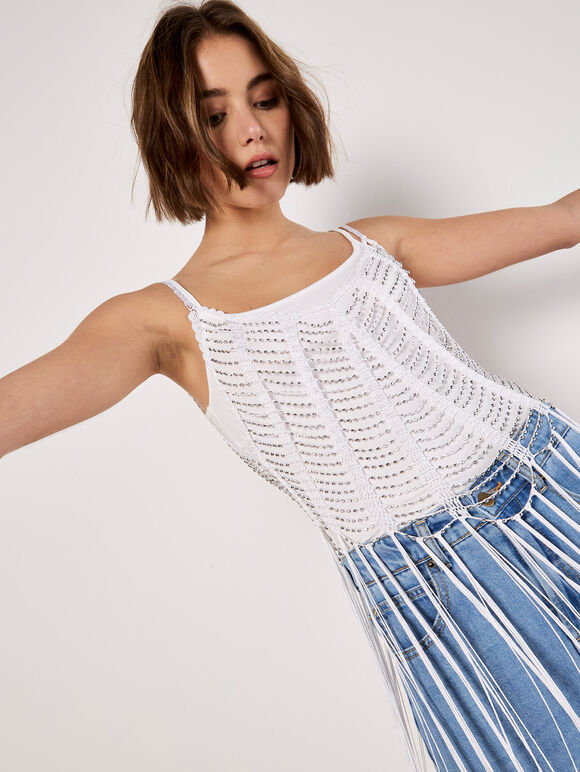 Silver Beaded Fringe Top, White, large