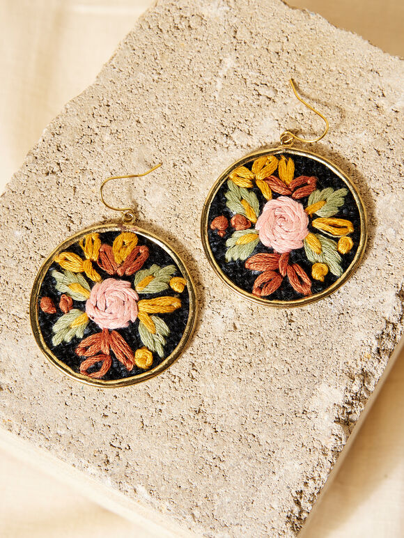 Hand Embroidered Flower Earrings, Black, large