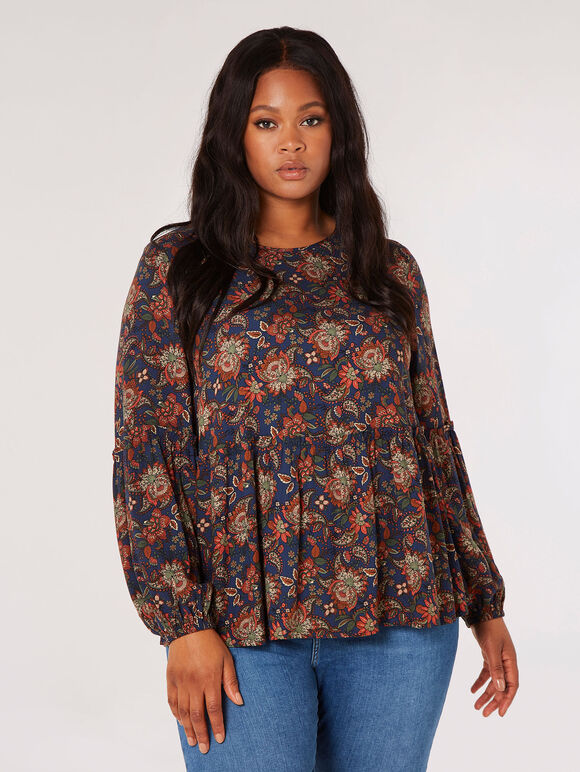 Curve Sarasa Floral Ruffle Top, Navy, large