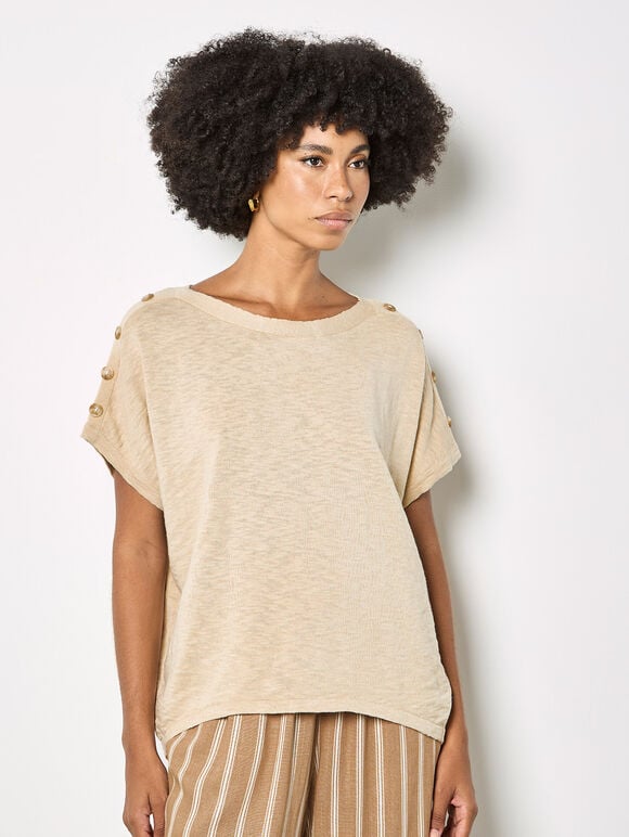Button Detail Knitted T-Shirt, Stone, large