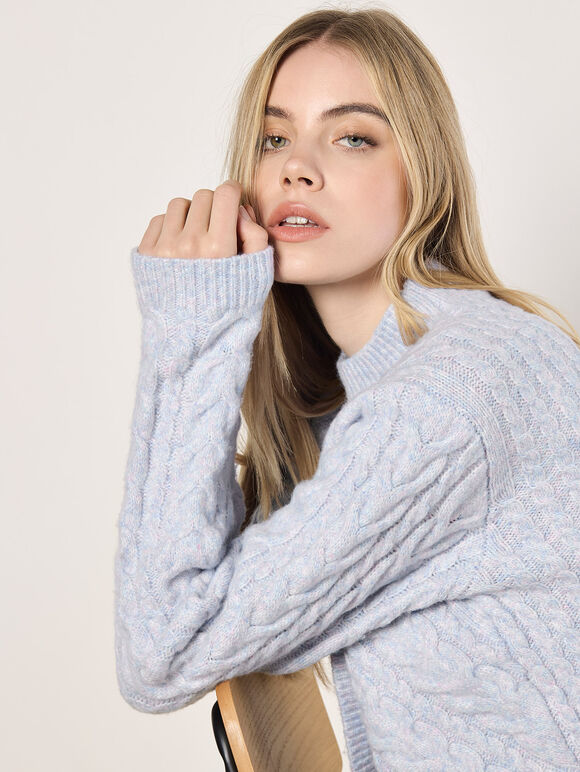 Cable Knit Wrap Jumper, Blue, large
