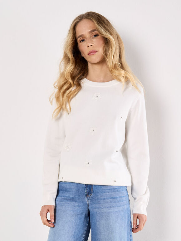 Diamante Daisy Jumper, White, large