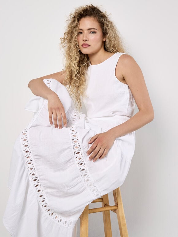 Tiered Crochet Insert Maxi Skirt, White, large