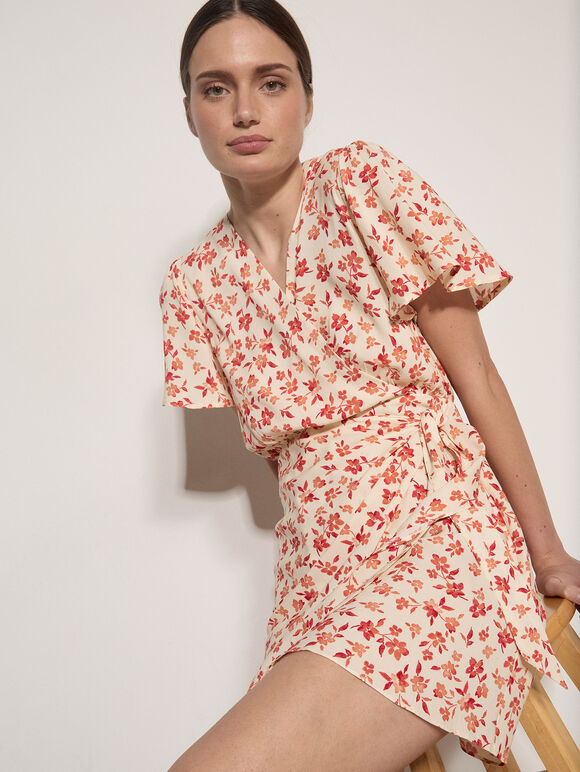 Floral Wrap Mini Dress, Cream, large