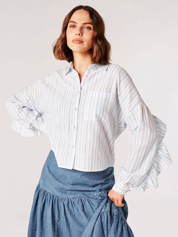 Cotton Stripe Cropped Ruffle Shirt, White, large