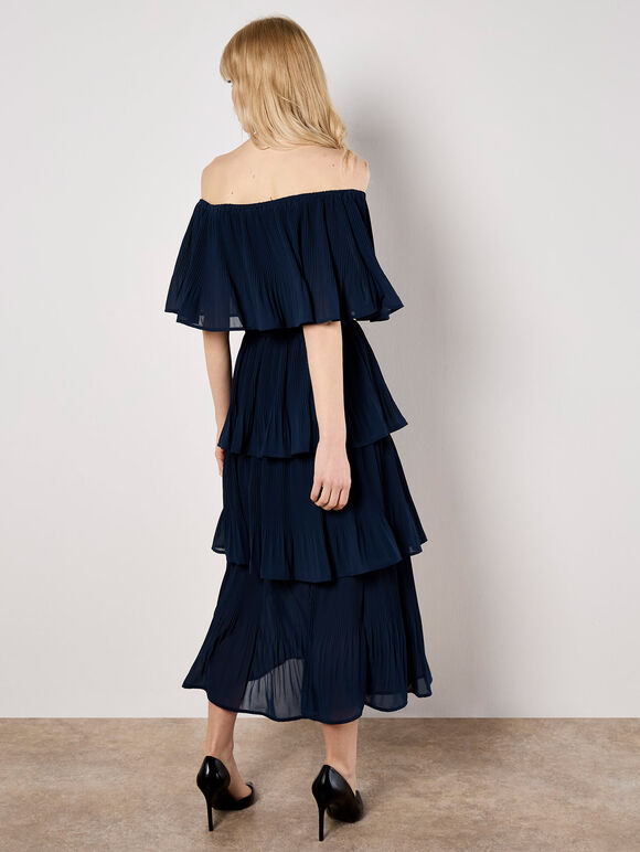 Plisse Tiered Bardot Midi Dress, Navy, large