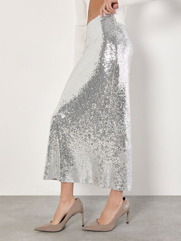Sequin Bias Cut Midaxi Skirt, Light Grey / Silver, large