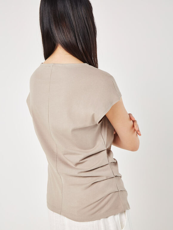 Side Pleat Cotton T-Shirt, Brown, large