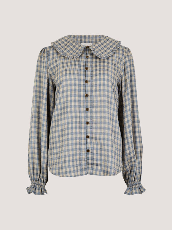 Chenille Check Ruffle Collar Shirt, Blue, large