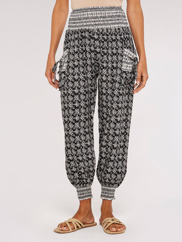 Batik Floral  Woven Smocked Joggers, Black, large