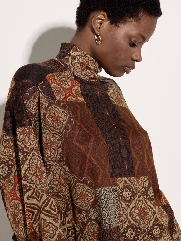 Patchwork Tapestry Roll Neck Top, Rust, large