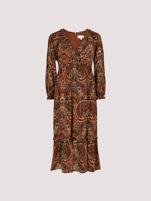 Paisley Ruffle Midaxi Dress, Rust, large