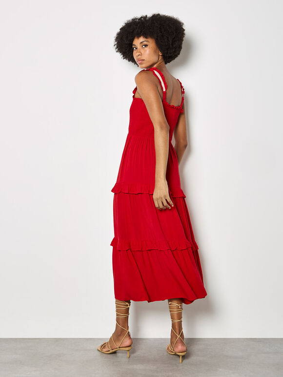 Tiered Lace Trim Midi Dress, Red, large