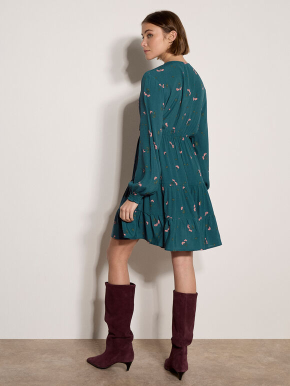 Cherry Print Crepe Mini Dress, Teal, large