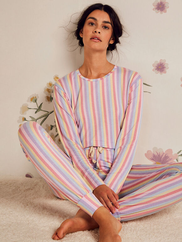 Rainbow Stripe Long Sleeve Top, Pink, large