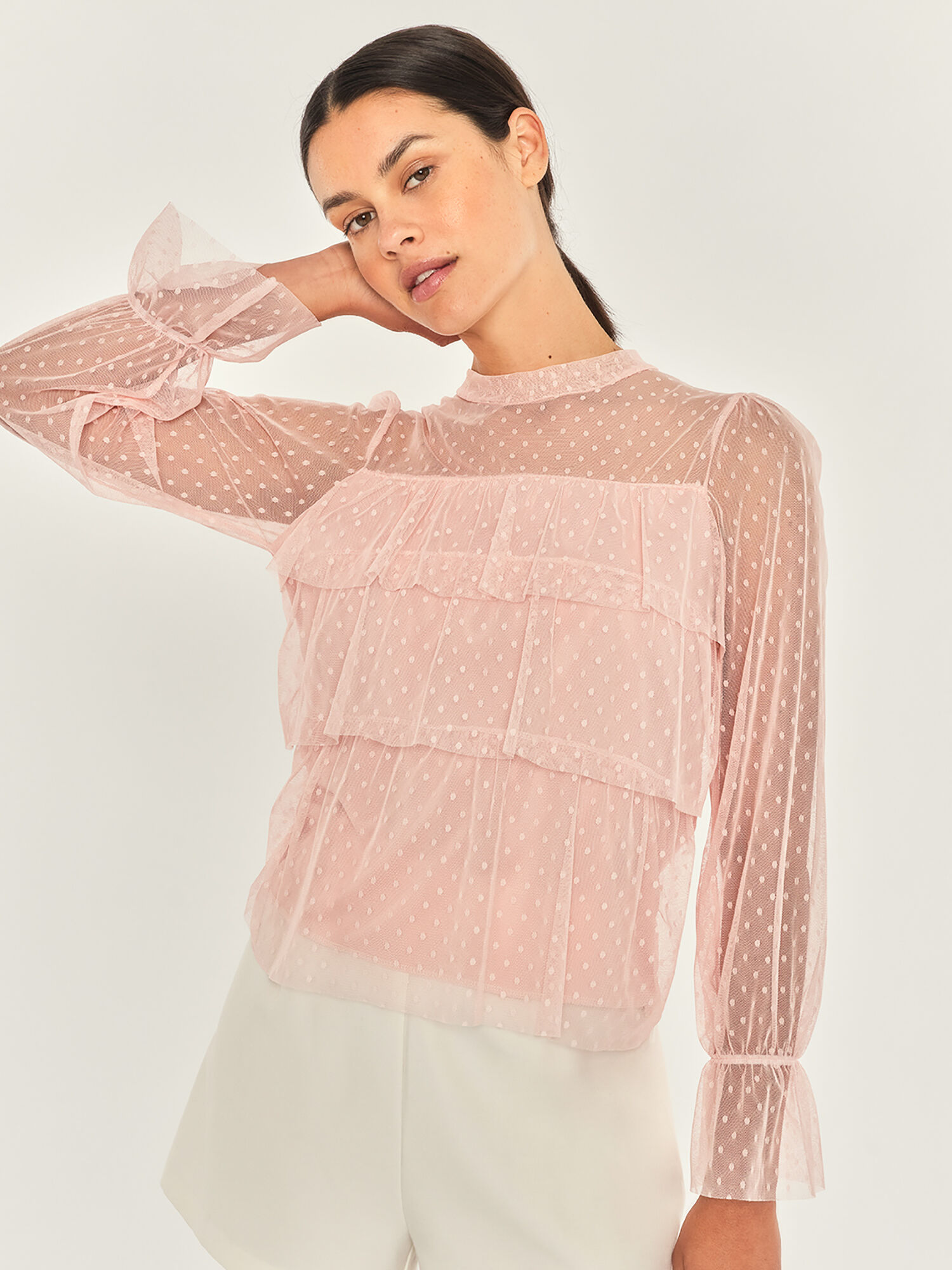 Dobby Mesh Layer Tier Top Apricot Clothing