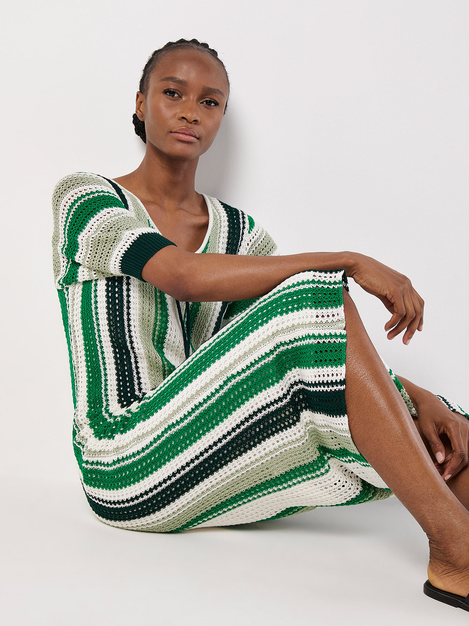 Crochet Stripe Midi Dress Apricot Clothing