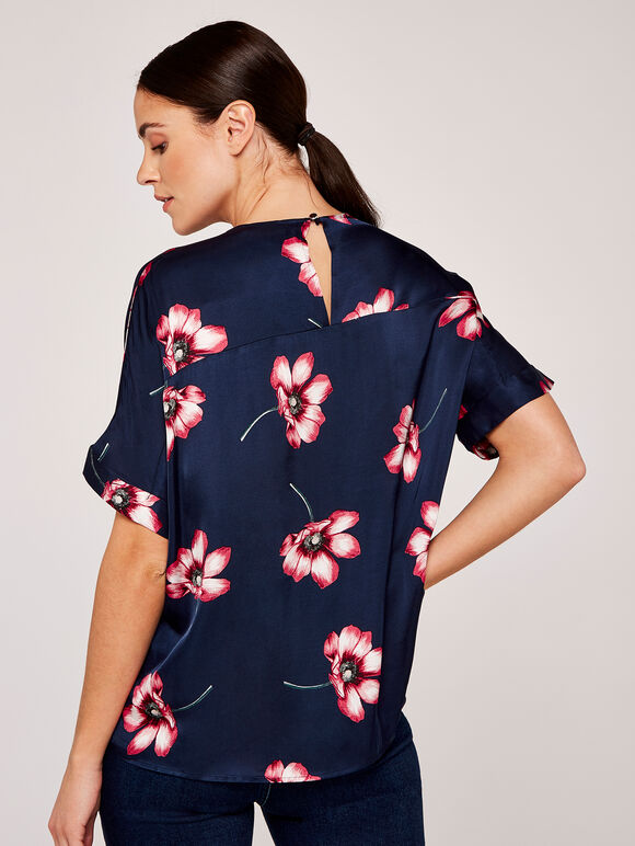 Large Flower Kimono Sleeve Top, Navy, large