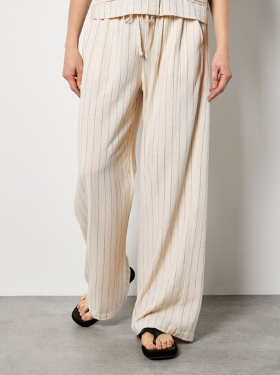 Pinstripe Linen Blend Wide-Leg Trousers