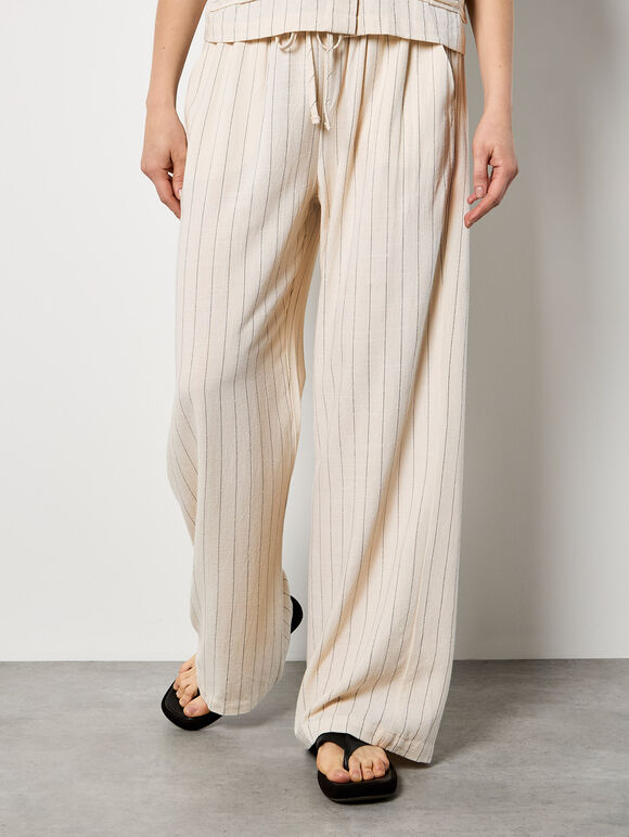 Pinstripe Linen Blend Wide-Leg Trousers, Stone, large