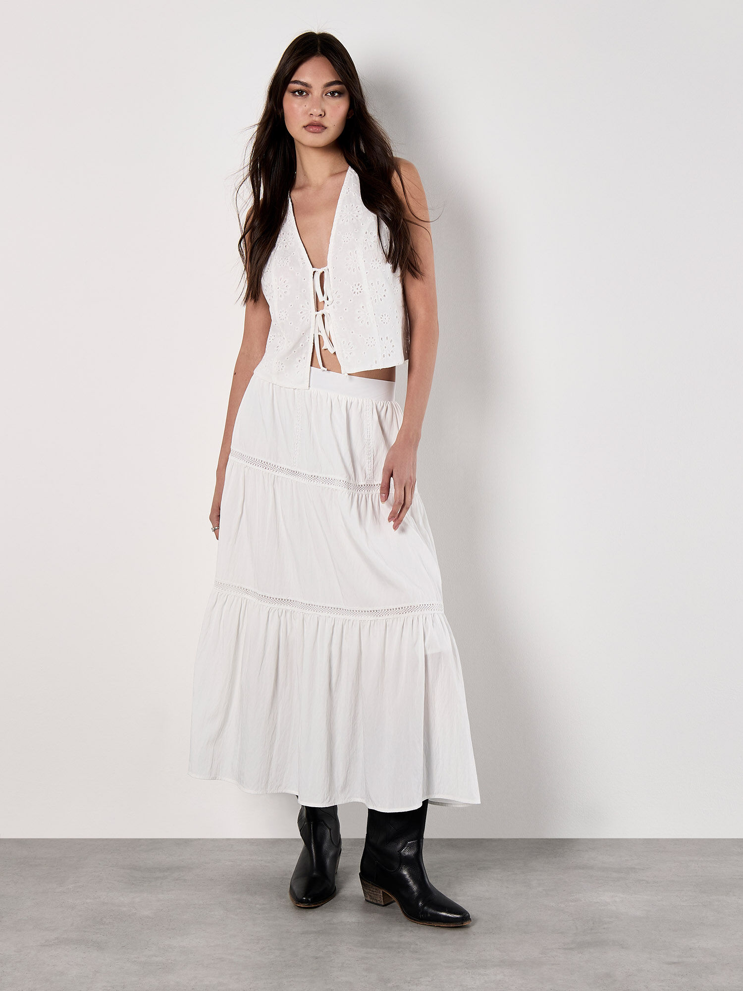 Crochet Lace Tiered Midi Skirt | Apricot Clothing